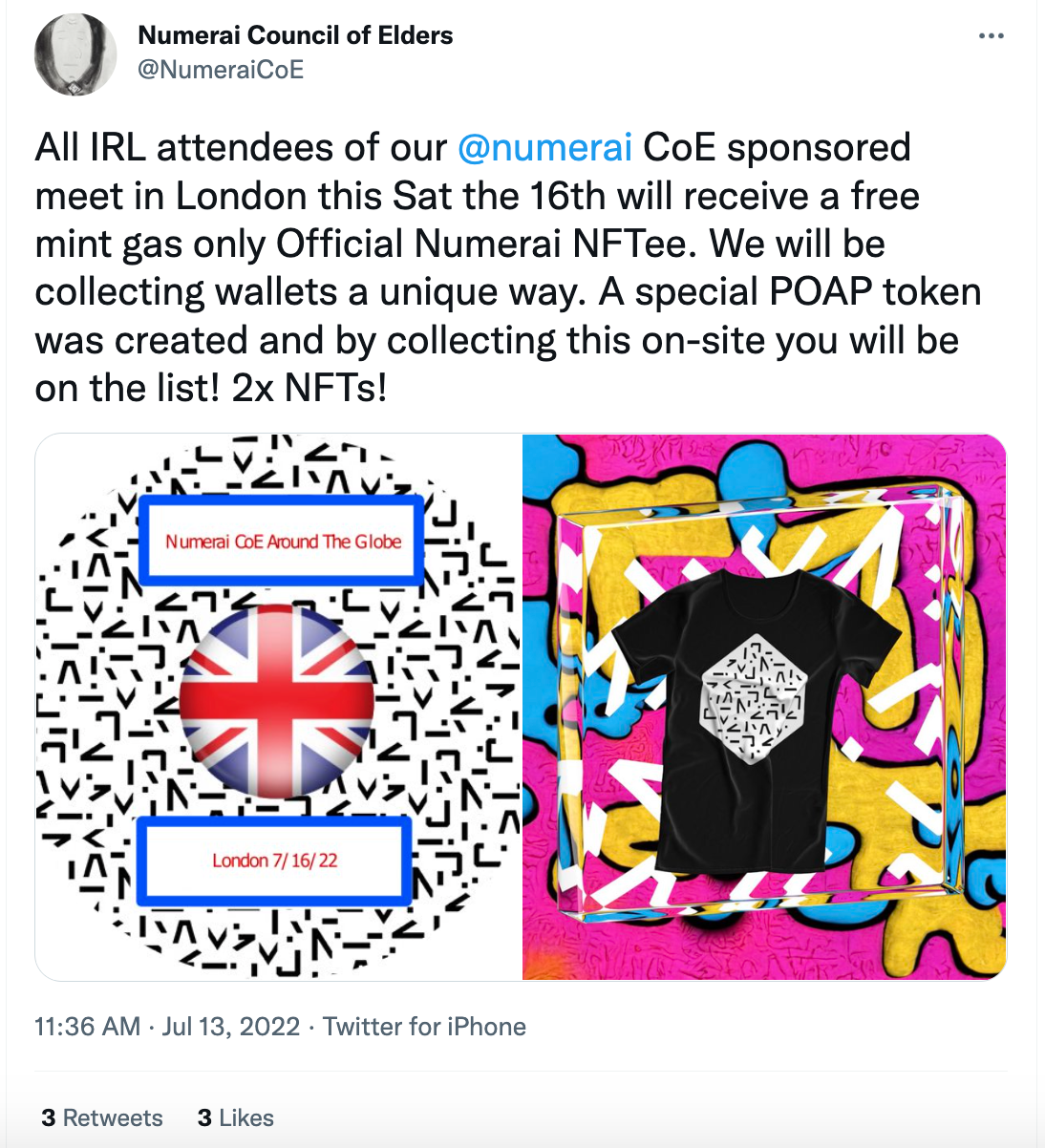 Numerai consistently seeks out opportunities to reward contributors to their project in unique ways, including through this recent campaign giving away free “NFTees.” (via: https://twitter.com/NumeraiCoE/status/1547243673519214593)
