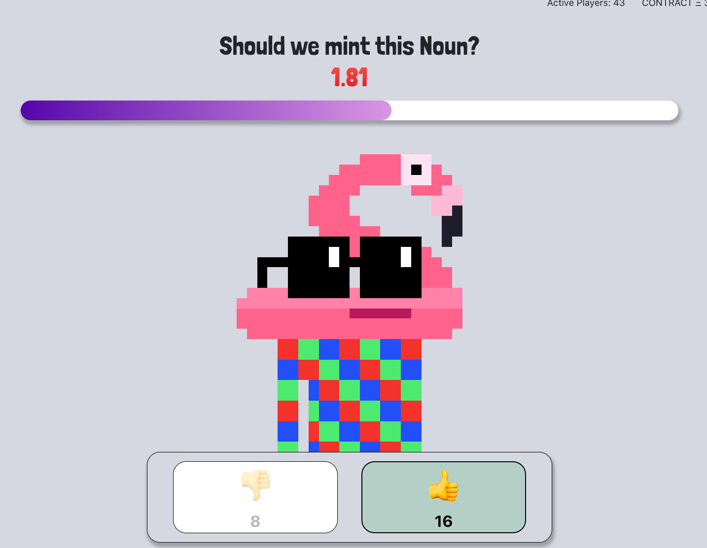 Part of “Noun’o’clock” includes a social engagement tactic called “Fomo Nouns” where randomized Nouns appear (like this flamingo-headed avatar) and participants quickly vote on which one to mint. (via: https://fomonouns.wtf/)