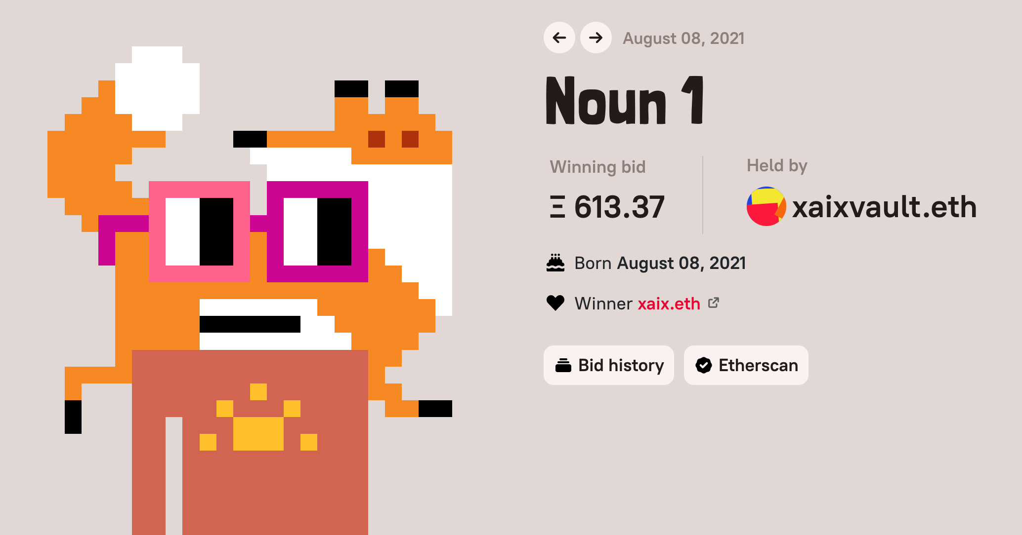 The winning bidder for Noun 1, from August 8, 2021